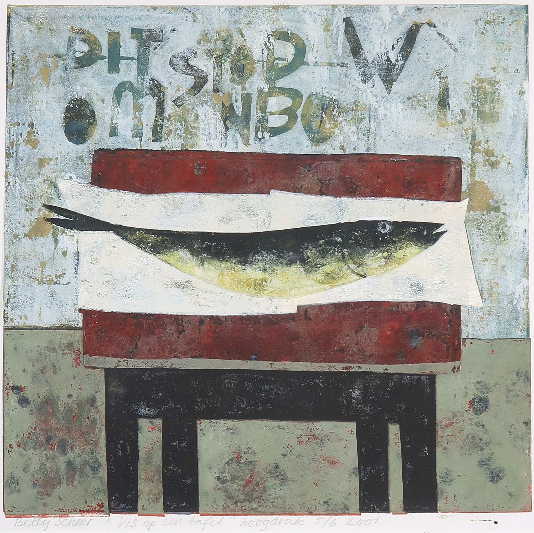 Betty Scheer - Linosnede, Vis op tafel - Ingelijst kopen? Bied vanaf 40!