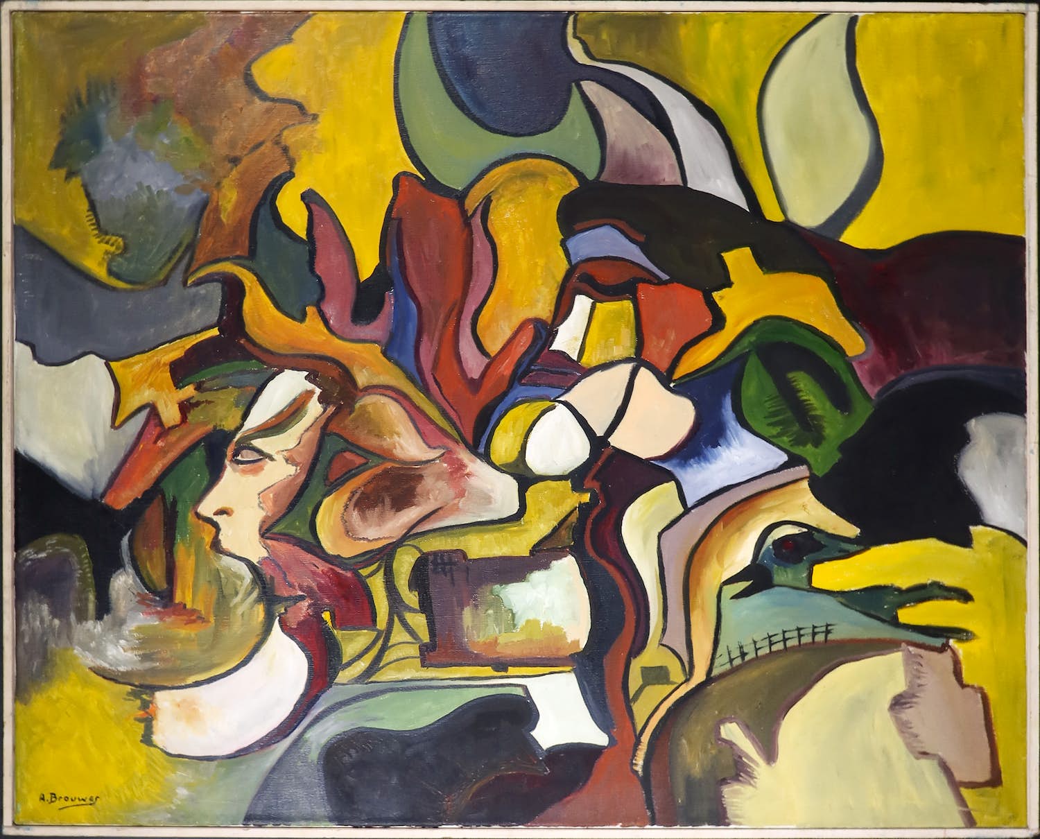 A. Brouwer - Olieverf op doek, Compositie in geel - Ingelijst (Groot) kopen? Bied vanaf 1!