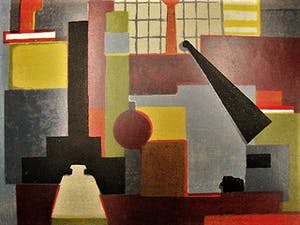 Wim Motz - Bijzondere 1956 geometrische Lithografie "Haven Rotterdam met tanker" handgesign kopen? Bied vanaf 45!