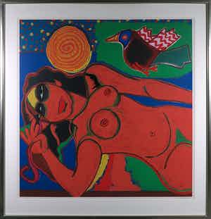 Corneille - Zeefdruk, Femme à l'oiseau - Ingelijst (Zeer groot) verkocht voor € 700!