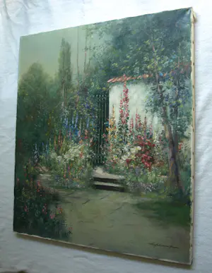 Friedrich Adolf Apfelbaum - Olieverf op doek , Romantische Tuin – 80 x 70 cm – ca. 1950 kopen? Bied vanaf 100!