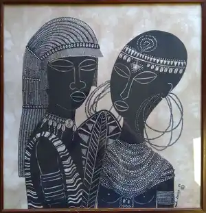 Heidi Lange - Zonder Titel 1982 Batik "Masai bruidspaar." verkocht voor € 90!