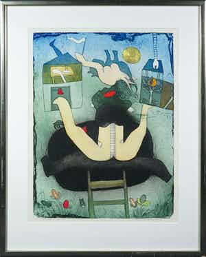 Michel van Overbeeke - Kleurenets met bladgoud, Different houses V - Ingelijst verkocht voor € 50!