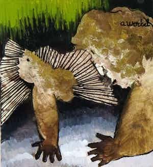 Ans Wortel - gouache op papier - titel: "Kruipen of vliegen of houvast zoeken..." verkocht voor € 195!