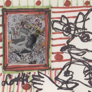 Lotti van der Gaag - gemengde techniek/collage op papier | 'Foto-zelfportret tussen tekeningen' | '92 kopen? Bied vanaf 300!