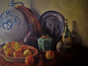 Jan van Deursen - Indrukwekkend (groot) en gevarieerd Stilleven "Appels Flessen op kleed" gesig kopen? Bied vanaf 10!