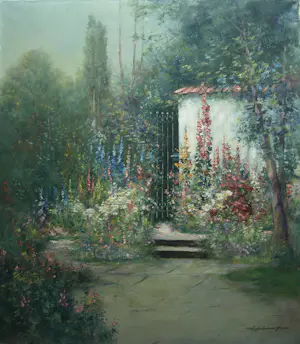 Friedrich Adolf Apfelbaum - Olieverf op doek , Romantische Tuin – 80 x 70 cm – ca. 1950 kopen? Bied vanaf 100!