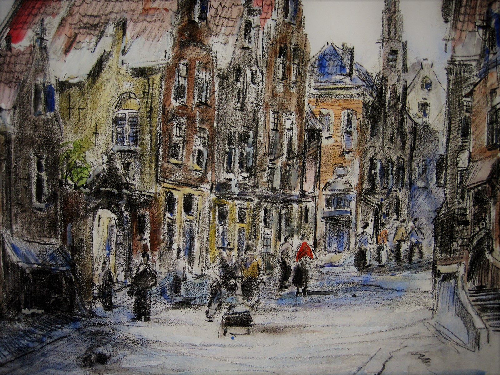 Louis van der Pol - grote Aquarel "personen in Hollandse stadstraat" ca. 1950 kopen? Bied vanaf 1!