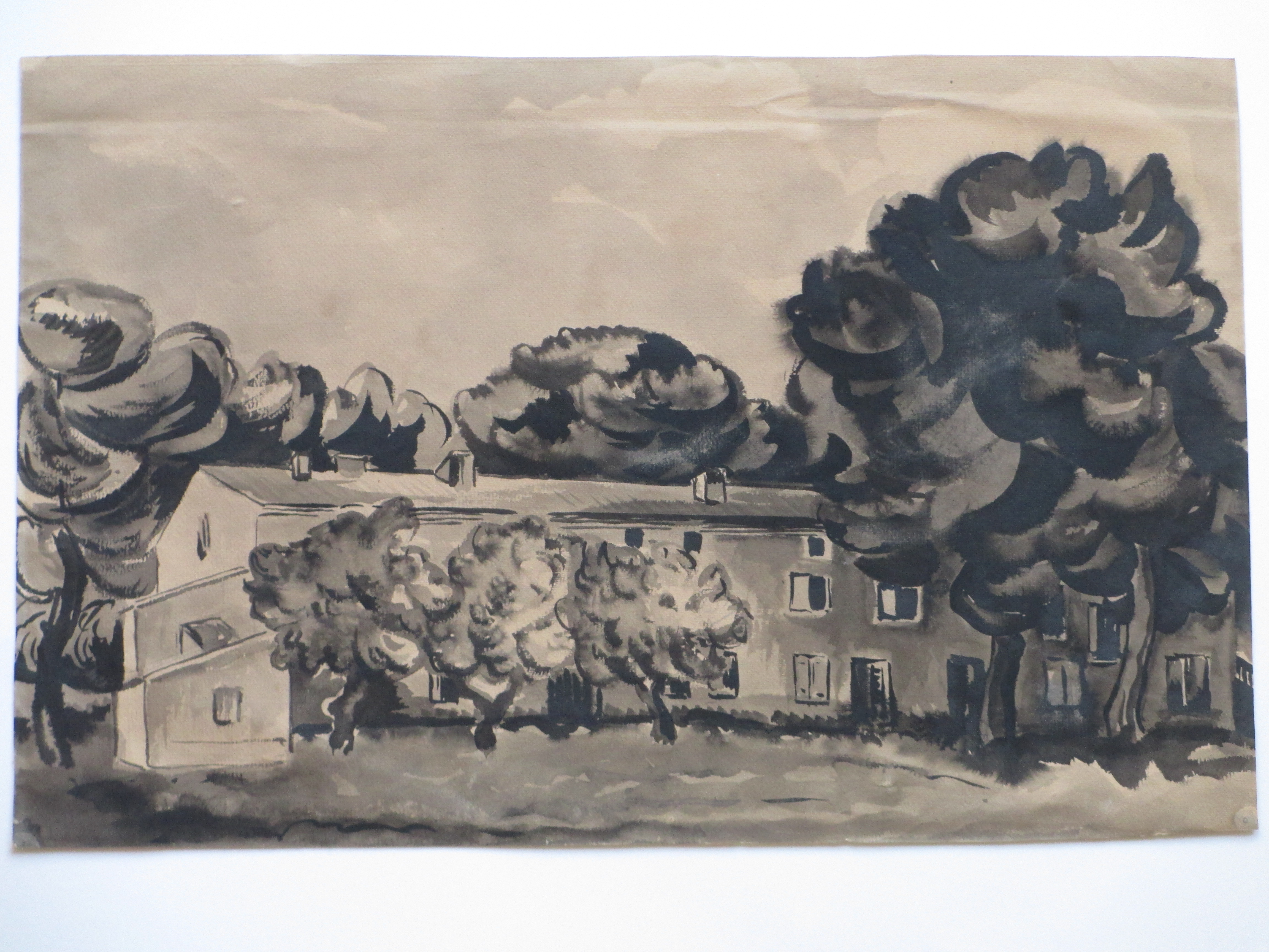 Niet of onleesbaar gesigneerd - Boomrijk landschap met boerderij - Gemengde techniek kopen? Bied vanaf 1!