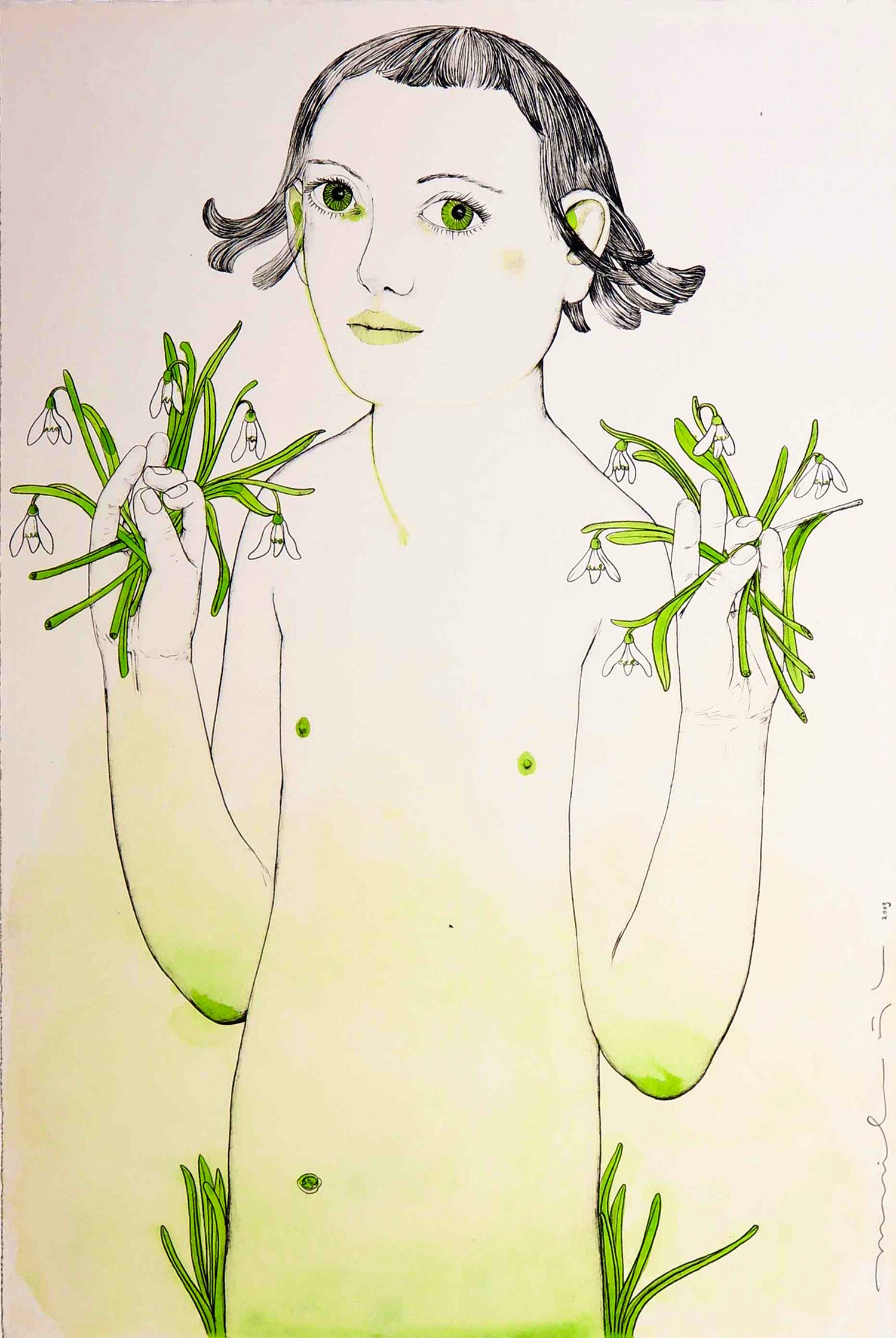 Janpeter Muilwijk - Handgekleurde litho, Meisje met sneeuwklokjes kopen? Bied vanaf 100!