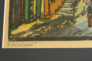 Niet of onleesbaar gesigneerd - Ingelijste kleurenhoutsnede , Stadsgezicht – ca. 1940 kopen? Bied vanaf 1!
