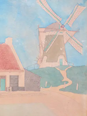 Niet of onleesbaar gesigneerd - Molen en woningen Zoutelande? - Gemengde techniek kopen? Bied vanaf 1!