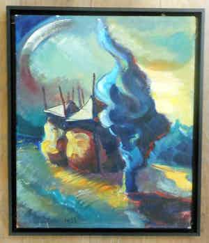 Johann Gutlich - landschap met 2 hooimijten en cyprus verkocht voor € 100!