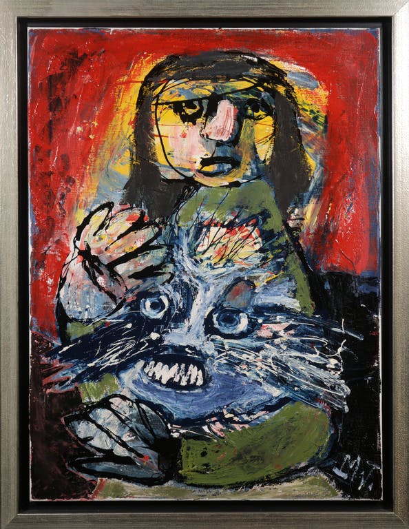 Martin van Wordragen - Martin van Wordragen: Olieverf op doek, Acteur met masker - Ingelijst verkocht voor € 450!