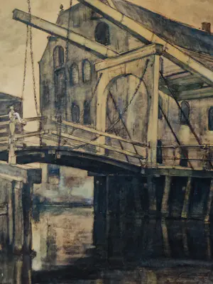 Gerard Muller - Grote gemengde techniek "Amsterdam (magere) Brug vroege ochtend" gesigneerd kopen? Bied vanaf 30!