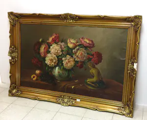 Niet of onleesbaar gesigneerd - Olieverf op doek, Bloemstilleven met beeld - Ingelijst (Zeer Groot) kopen? Bied vanaf 1!