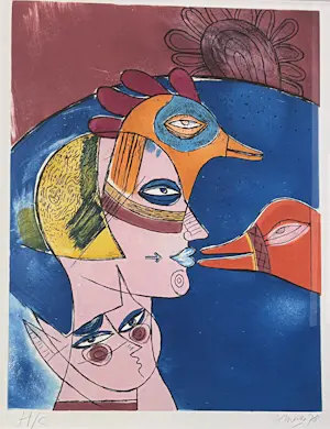 Corneille - Ingelijste antieke ets: Spel tussen katten en vogels, 1978 kopen? Bied vanaf 800!