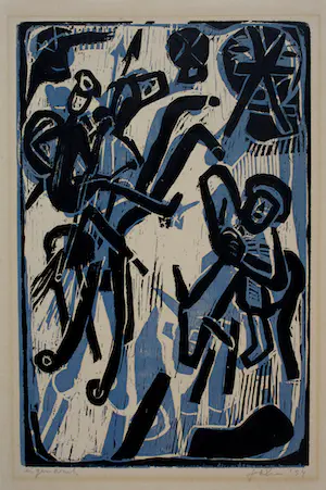Jan van der Zee - Houtsnede: Ruiters, gedrukt in zwart en blauw - 1954 kopen? Bied vanaf 200!