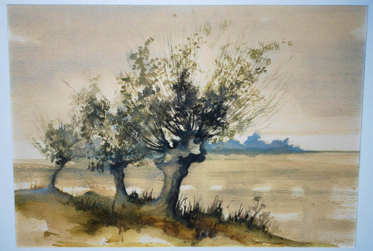 Sjoerdtje Mulder-Hak - Knotwilgen met verre einder - mooi ingelijste aquarel verkocht voor € 85!