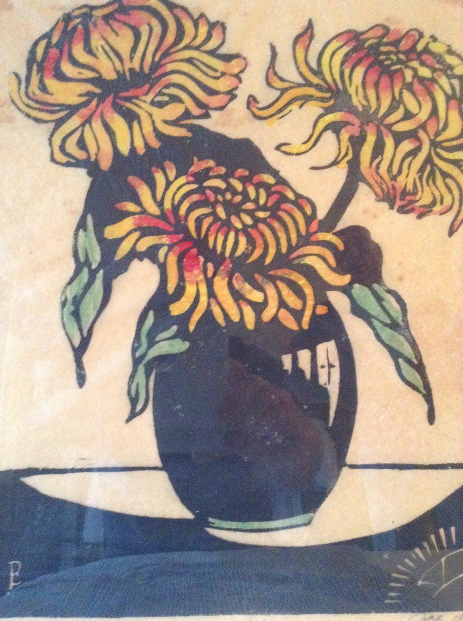 Jac. de Beer - Jac de Beer 1880-1946, Houtsnede/linosnede Bloemen in vaas 30x30 kopen? Bied vanaf 50!