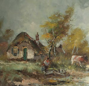 Niet of onleesbaar gesigneerd - Landschap met hoeve, koeien en zeilboten - gesigneerd kopen? Bied vanaf 1!