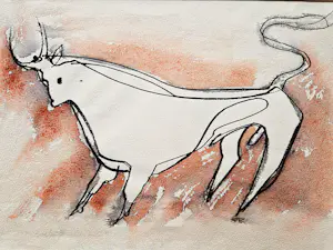 Henk Brokke - Expressionistische gemengde techniek (aquarel, inkt, wash) "Stier" gesigneerd kaufen? Bieten Sie von 43!
