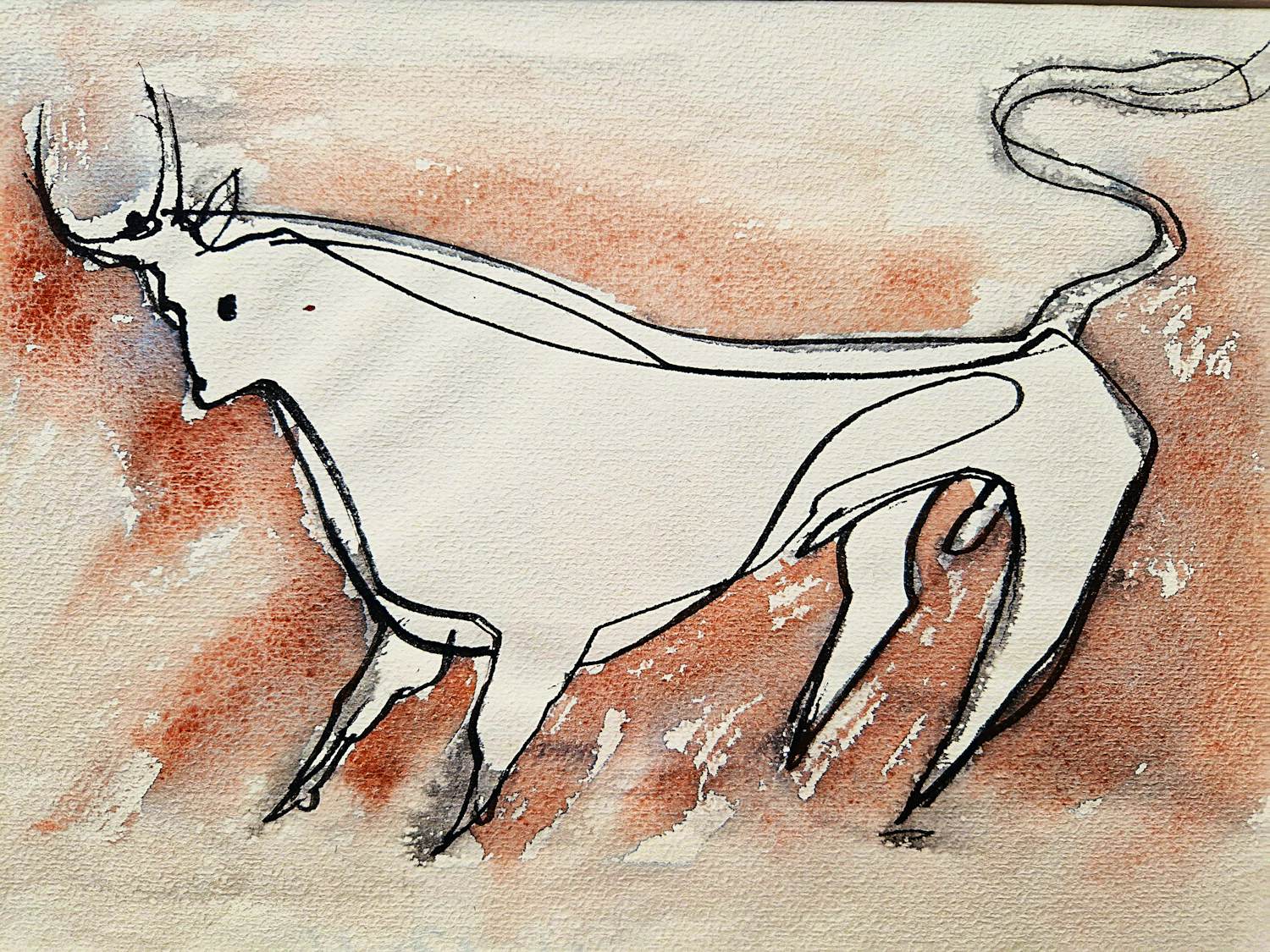 Henk Brokke - Expressionistische gemengde techniek (aquarel, inkt, wash) "Stier" gesigneerd kopen? Bied vanaf 43!