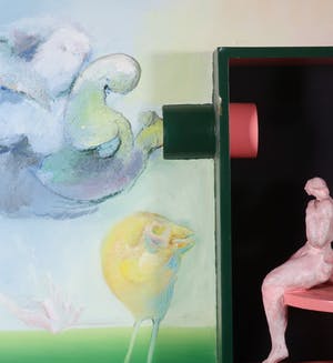 Franscz Witte - Beschilderd houten object met lamp, Landschap met draaiend paar (Groot!) kopen? Bied vanaf 50!