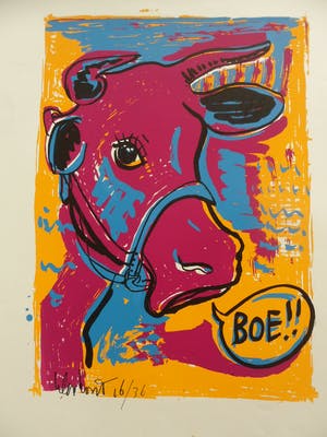 Peter Klashorst - Zeefdruk, titel. 'De verbaasde koe kopen? Bied vanaf 35!