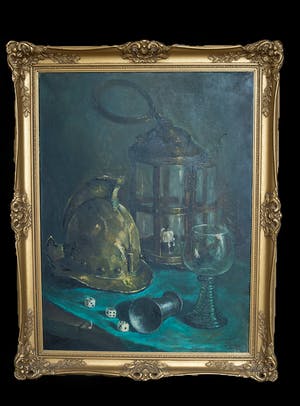Jan N Leupe - Stilleven met wijnglas, dobbelstenen, lantaarn en helm kopen? Bied vanaf 75!
