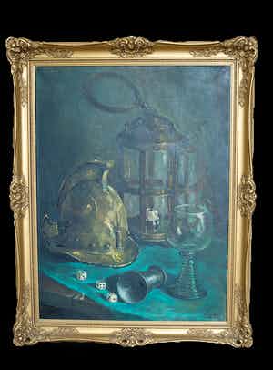 Jan N Leupe - Stilleven met wijnglas, dobbelstenen, lantaarn en helm verkocht voor € 75!