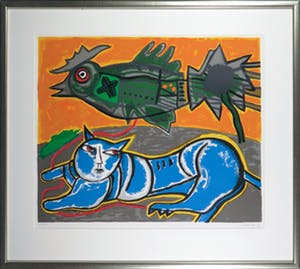 Corneille - Zeefdruk, Le grand chat bleu et l'oiseau - Ingelijst (Groot) kopen? Bied vanaf 450!