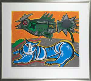 Corneille - Zeefdruk, Le grand chat bleu et l'oiseau - Ingelijst (Groot) verkocht voor € 450!