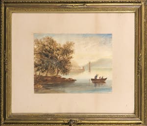 Niet of onleesbaar gesigneerd - Aquarel, Oeverlandschap met bootje - Ingelijst kopen? Bied vanaf 1!