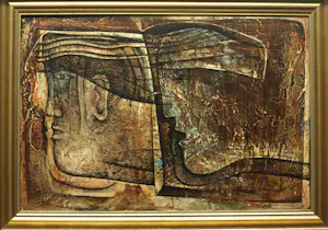 Frits van Eeden - Olieverf en stift op paneel, Twee gezichten – 1974 – Lijst, 49½ x 67½ cm. kopen? Bied vanaf 125!