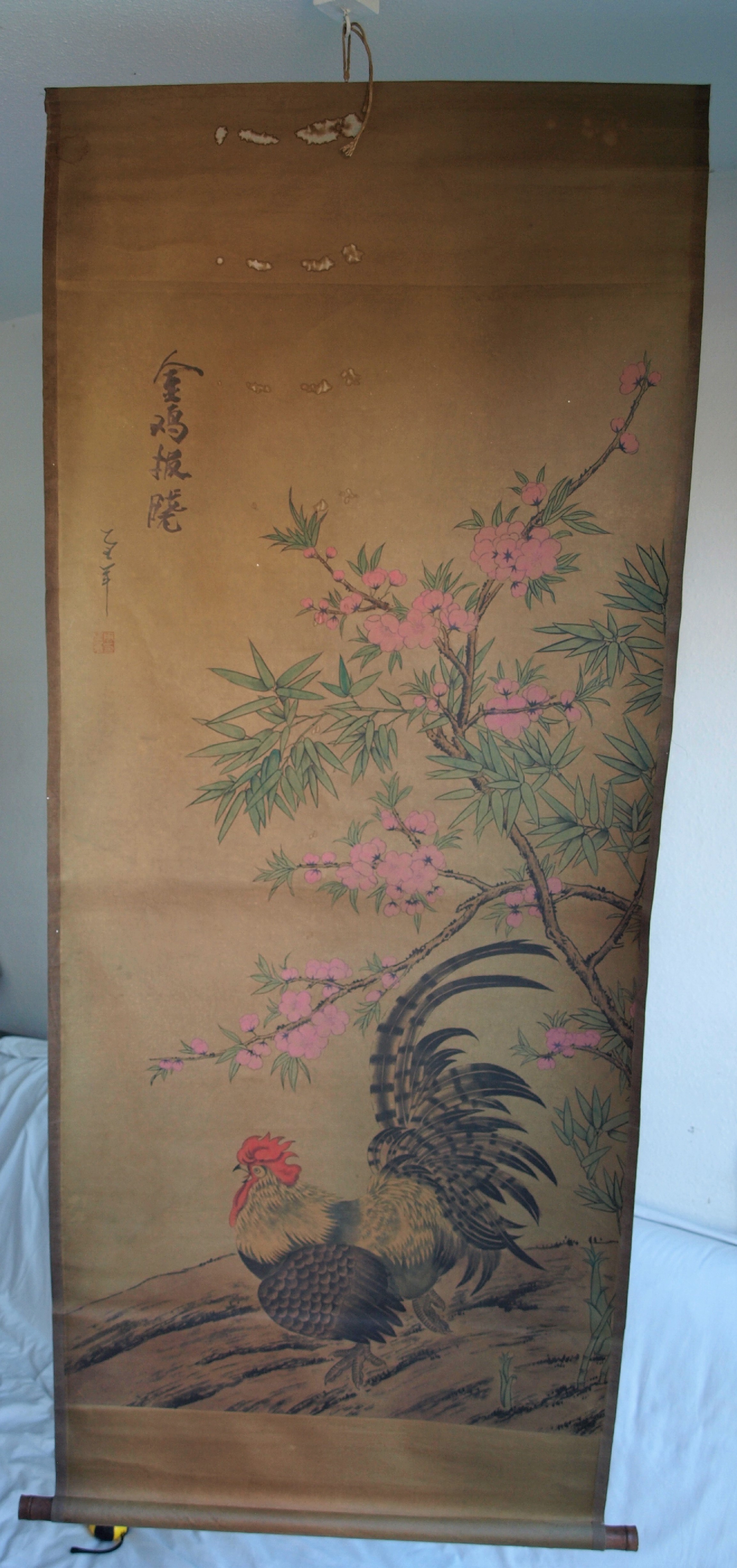 Niet of onleesbaar gesigneerd - Haan en Bloesem - Aquarelverf en inkt op papier, opgerold op houten stok kopen? Bied vanaf 1!