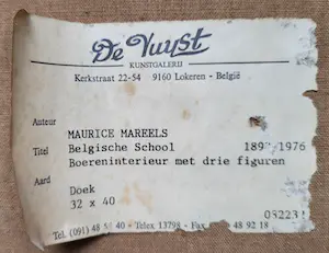 Maurice Mareels - Boereninterieur met 3 figuren Olieverf Lage startprijs! kopen? Bied vanaf 99!