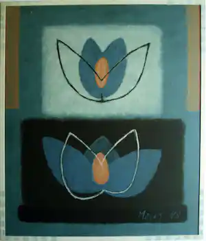 Mieke Mens - Gemengde techniek op board , 2 Bloemen – Lijst, 75 x 64 cm verkauft für € 50!