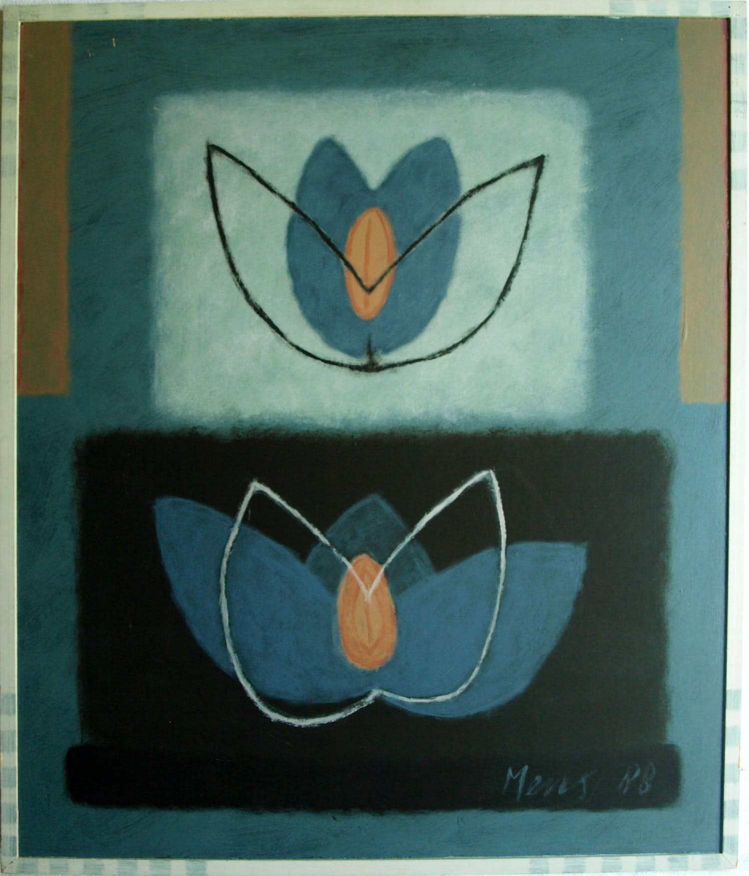 Mieke Mens - Gemengde techniek op board , 2 Bloemen – Lijst, 75 x 64 cm verkocht voor € 50!