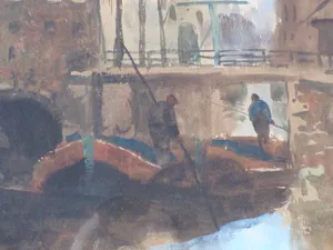 Adriaan Terhell - Hollandse stad met schippers in gracht - Aquarel kopen? Bied vanaf 40!