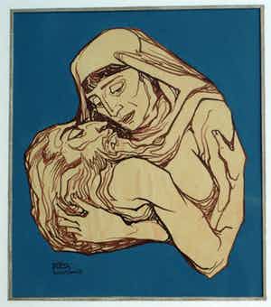 Klaas Pijlman - Pentekening , “Piëta” – ingelijst - 1976 verkocht voor € 35!