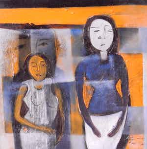 Niet of onleesbaar gesigneerd - Gestileerde figuren - 2 schilderijen verkocht voor € 1!