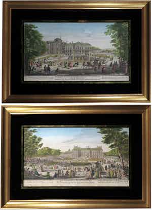 Martin Engelbrecht - Lot van twee gravures, Aanzichten op kastelen - Ingelijst verkocht voor € 1!