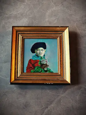 Yvonne Schot - Fraai realistisch olieverf "vrouw met hondje" expositie galerie Lieve Hemel 1974 kopen? Bied vanaf 78!