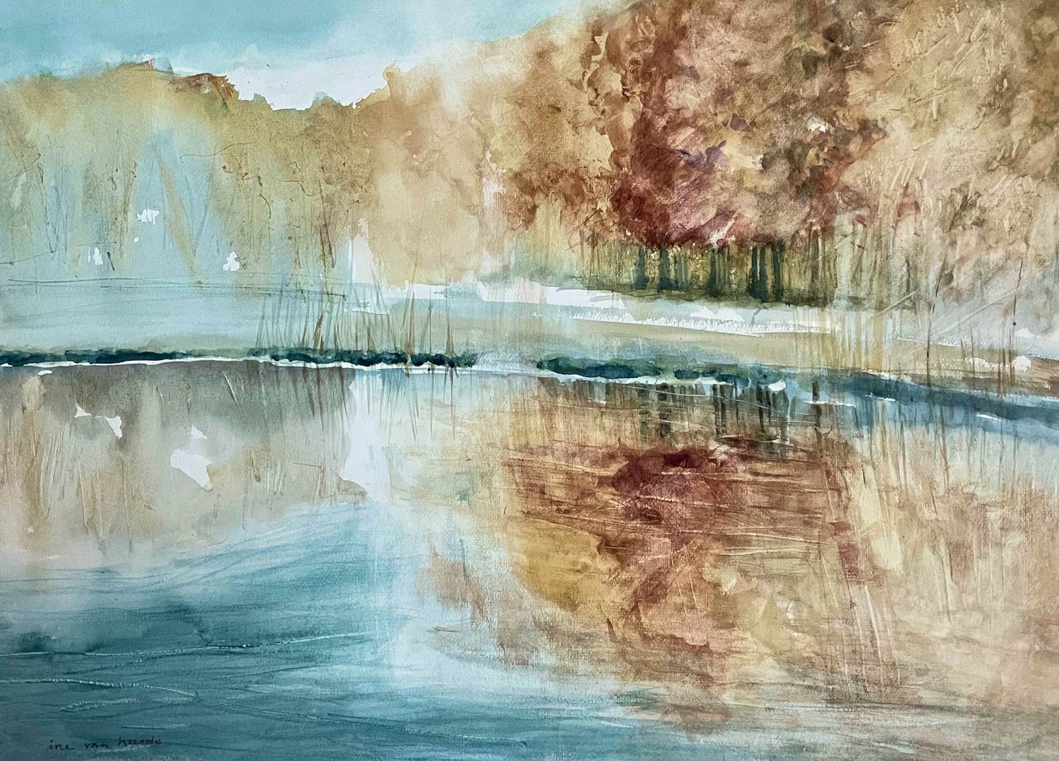Ine van Heerde - Grote aquarel, Landschap met reflectie in het water kopen? Bied vanaf 35!