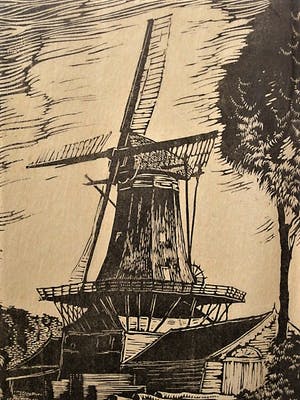 Niet of onleesbaar gesigneerd - Fraaie 1930 gesigneerde Houtsnede "Houtzaagmolen de Nagtegaal Dordrecht" kopen? Bied vanaf 1!