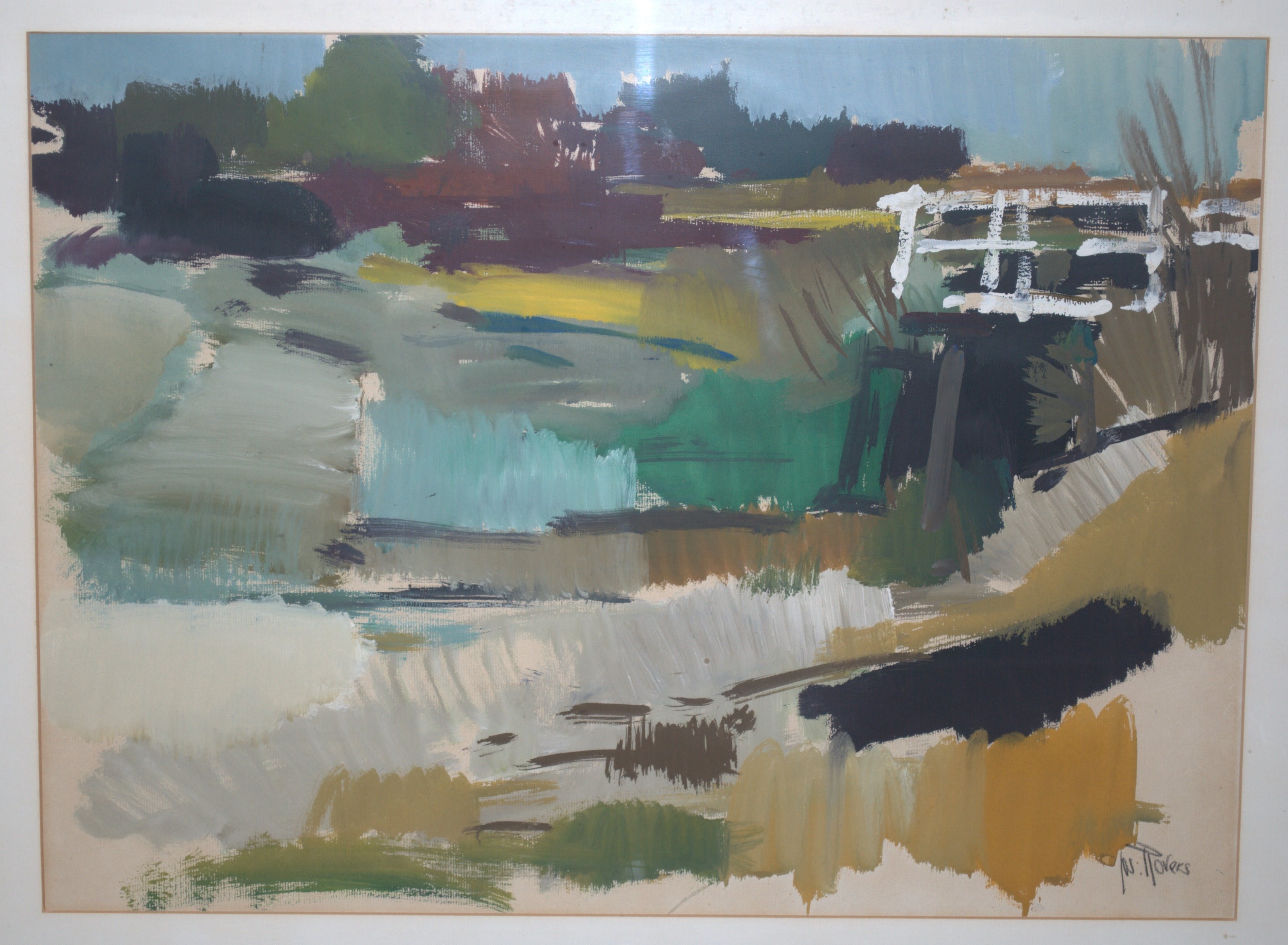 Jos Rovers - landschap met brug, zeer grote gouache  verkocht voor € 160!