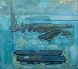 Henk Pieter Pander - Olieverf op doek, Haven Lauwerszeewerken - Ingelijst (Groot) kopen? Bied vanaf 400!