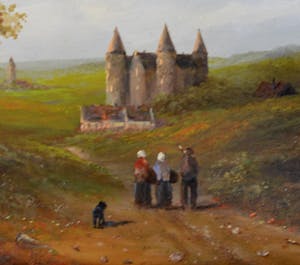 Niet of onleesbaar gesigneerd - Een glooiend landschap met figuren op een zandpad, boerderijen en een kasteel kopen? Bied vanaf 1!