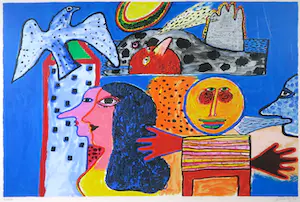 Corneille - Zeefdruk, Figuren met vogels - Ingelijst (Groot) kopen? Bied vanaf 400!